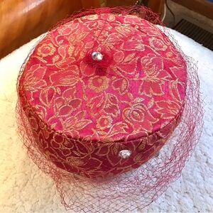 Vintage 1950s 1960s Hot Pink Gold Floral Brocade Pillbox Veil Hat w/ Rhinestones